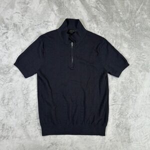 Magaschoni Man Navy Blue Quarter Zip Short Sleeve Textured Knit Sweater Medium